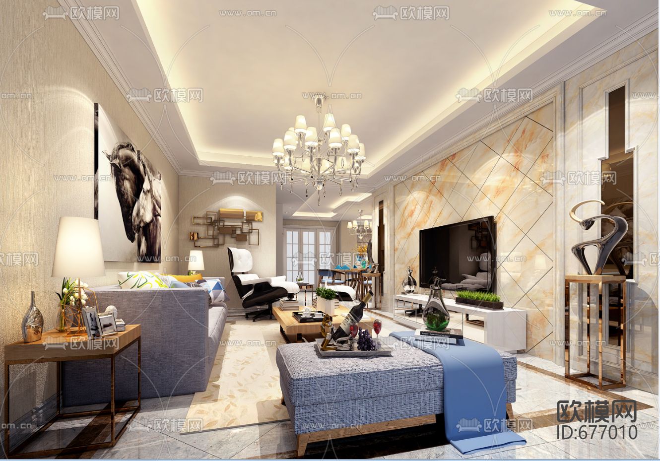 金色港湾现代客餐厅卧室CAD施工图下载（渲染图1）