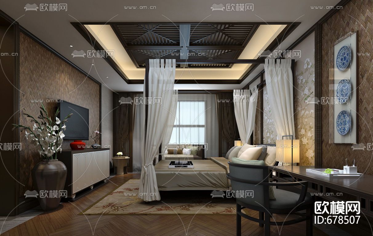 金螳螂新中式客餐厅卧室样板房CAD施工图下载（渲染图5）