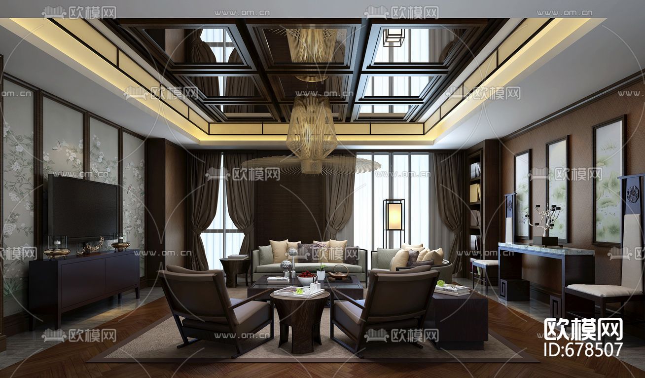 金螳螂新中式客餐厅卧室样板房CAD施工图下载（渲染图1）