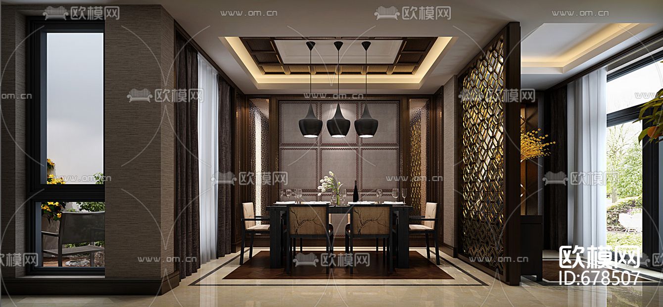 金螳螂新中式客餐厅卧室样板房CAD施工图下载（渲染图3）