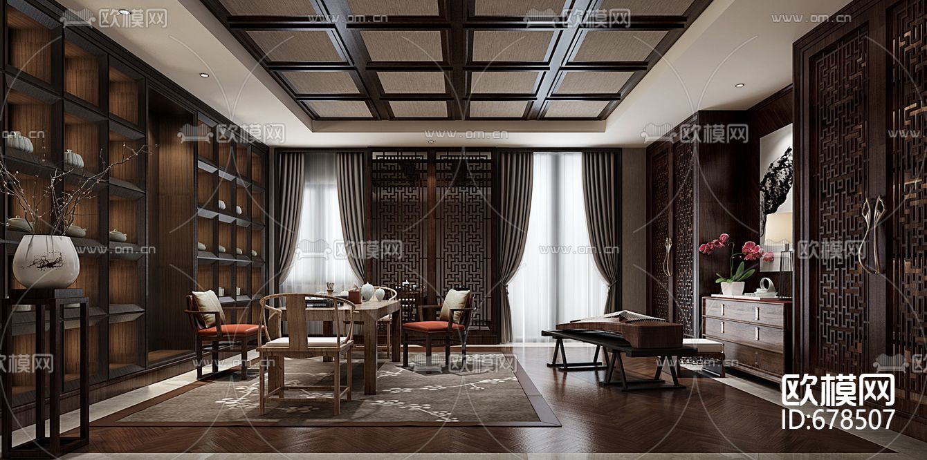 金螳螂新中式客餐厅卧室样板房CAD施工图下载（渲染图6）