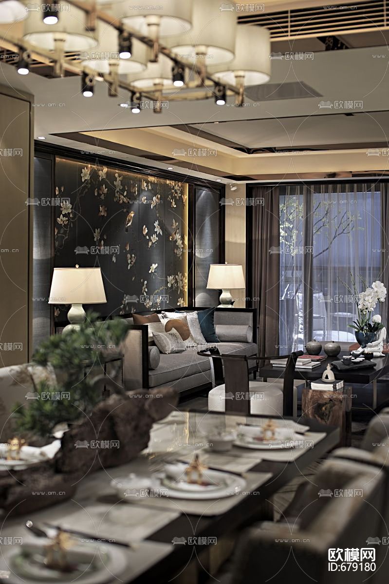 新中式样板房CAD施工图下载（渲染图6）