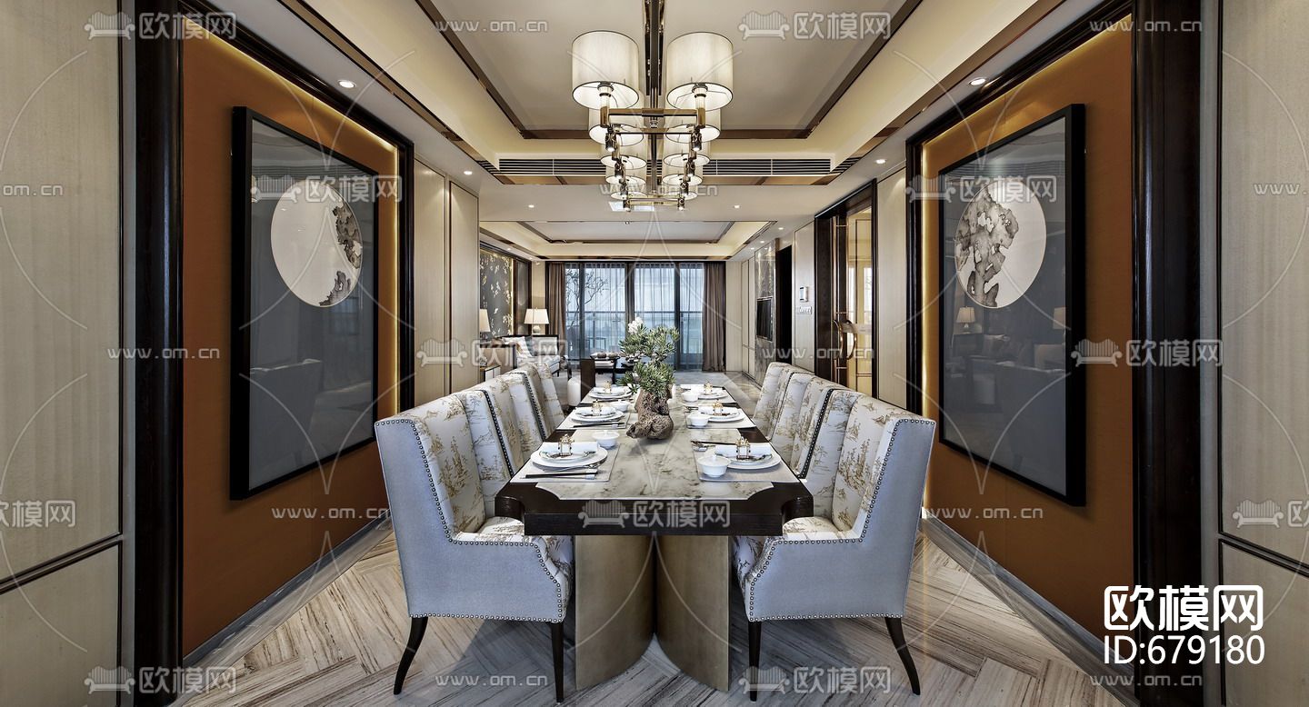 新中式样板房CAD施工图下载（渲染图5）