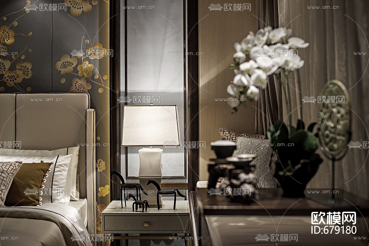 新中式样板房CAD施工图下载（渲染图4）