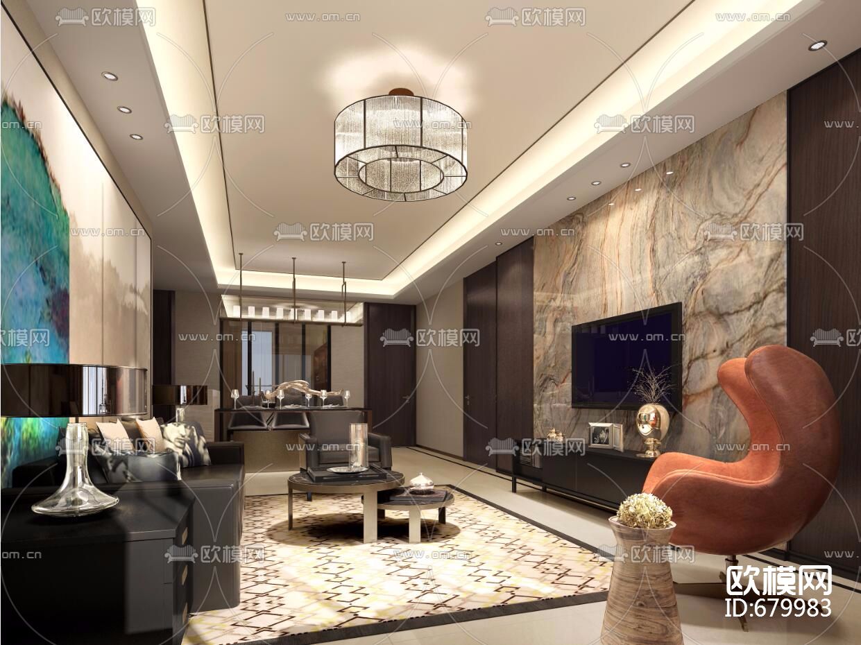 万科翡翠长安140户型样板间设计方案两版+CAD全套施工图+物料书下载（渲染图3）