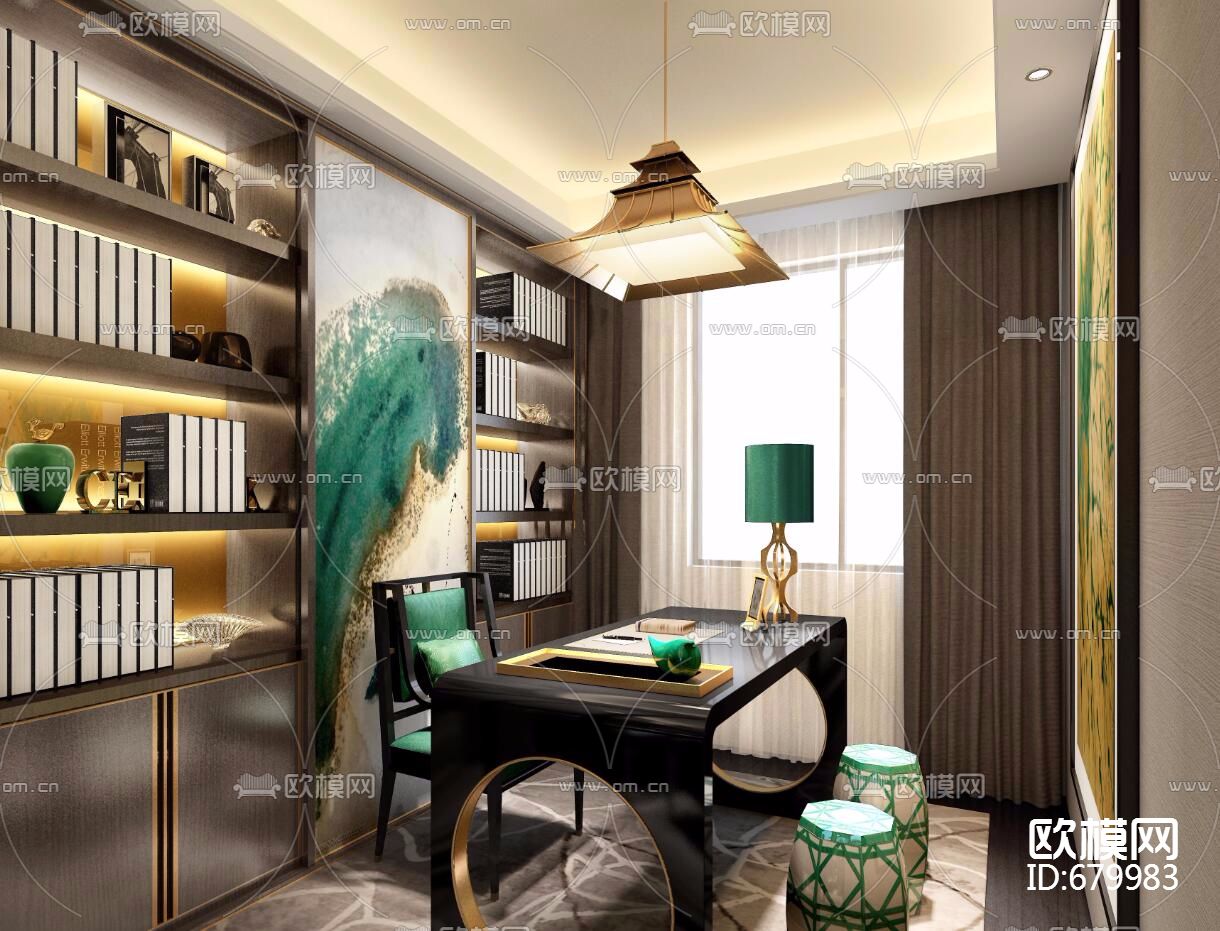 万科翡翠长安140户型样板间设计方案两版+CAD全套施工图+物料书下载（渲染图4）