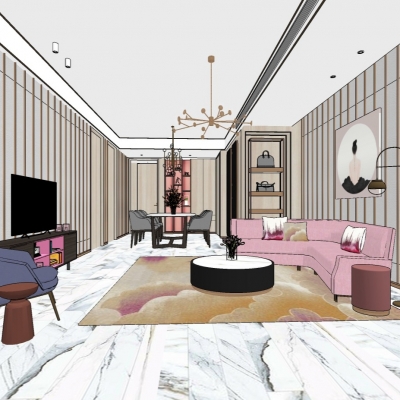 现代轻奢客厅餐厅su模型