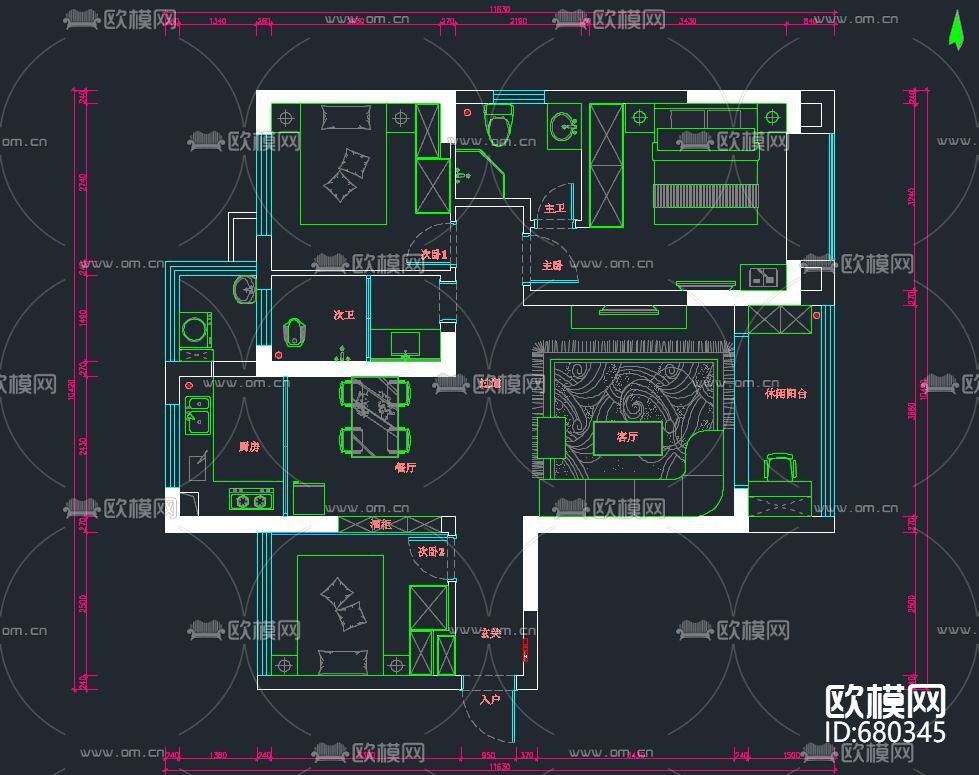 简欧施工图全套下载（渲染图1）
