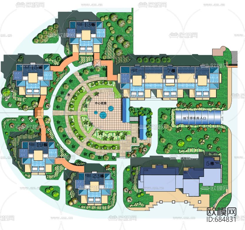 现代小区景观绿化cad施工图下载（渲染图6）