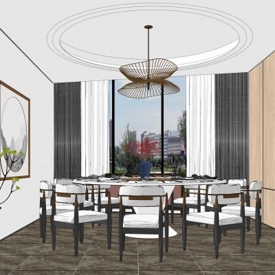  现代轻奢餐厅包厢su模型 