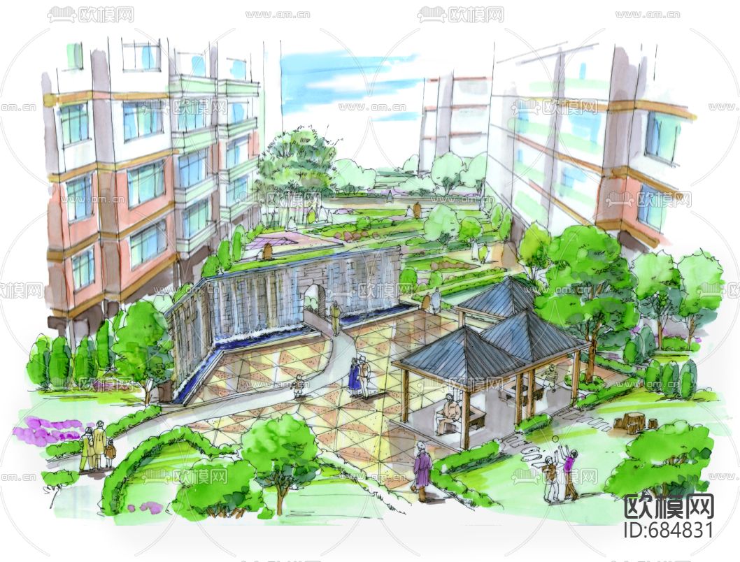 现代小区景观绿化cad施工图下载（渲染图5）