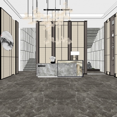 新中式会所大堂su模型