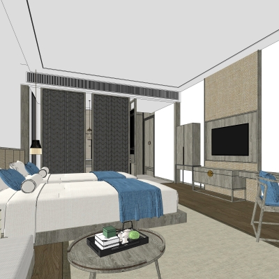 新中式酒店客房双人房su模型