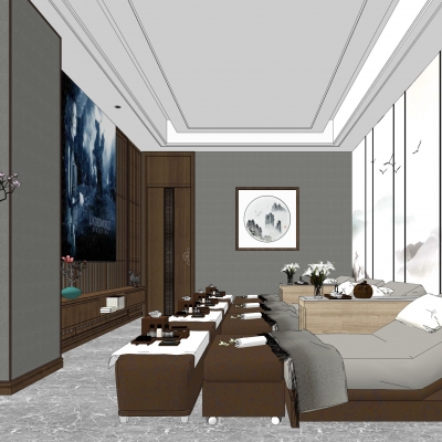  新中式足浴按摩室su模型 