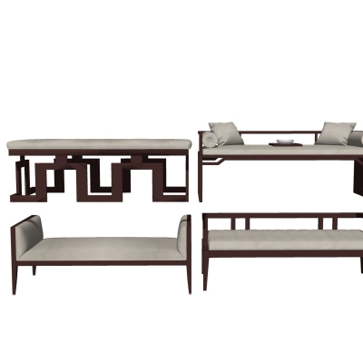  新中式实木布艺床尾凳脚踏su模型 