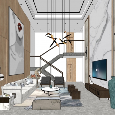  新中式别墅客厅su模型 