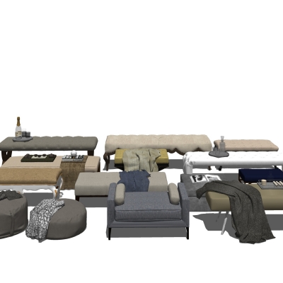  欧式布艺床尾凳脚踏su模型 