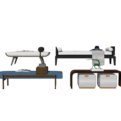  新中式布艺床尾凳脚踏su模型 
