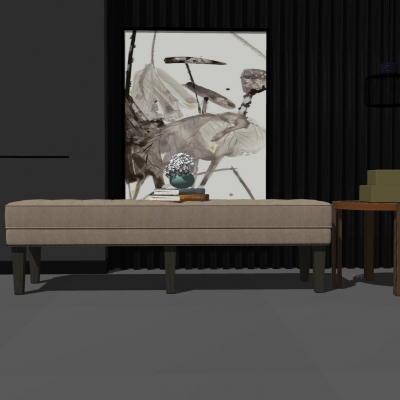  新中式布艺床尾凳脚踏su模型 