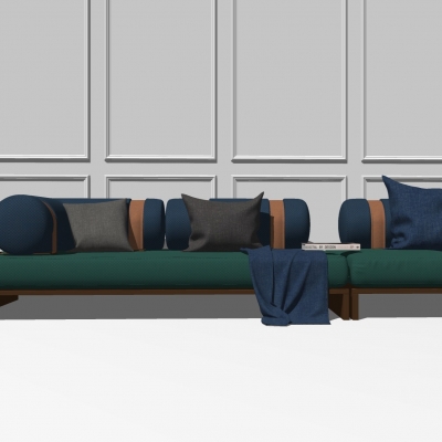  新中式皮革床尾凳脚踏su模型 