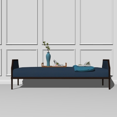  新中式皮革床尾凳脚踏su模型 