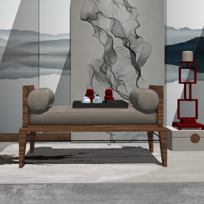  新中式实木布艺床尾凳脚踏su模型 