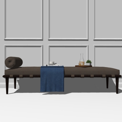  新中式皮革床尾凳脚踏su模型 