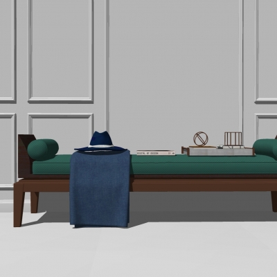  新中式实木床尾凳脚踏su模型 