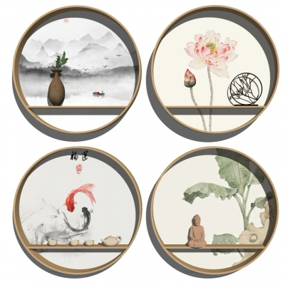  新中式实木圆形置物架搁板su模型 