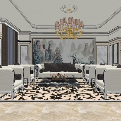 欧式轻奢客厅餐厅su模型