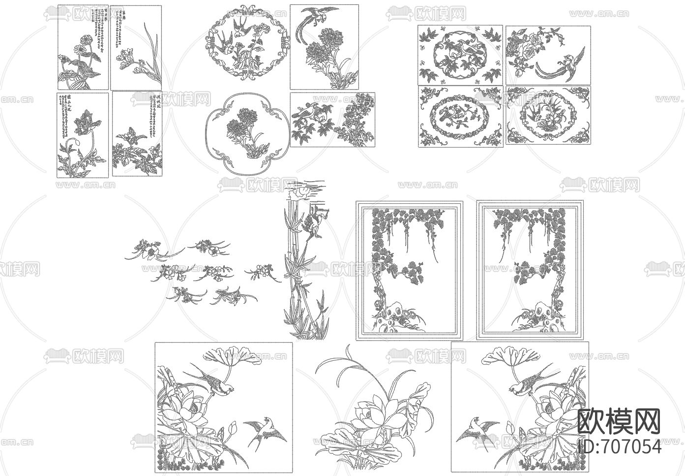 中式鸟兽绿植雕花CAD图库下载