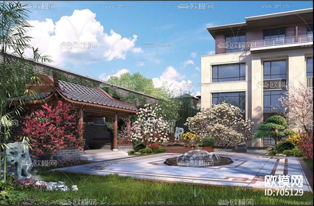 中式售楼部园林全套CAD施工图下载（渲染图1）