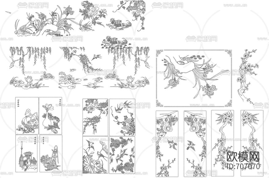 中式鳥獸花卉綠植CAD雕花圖庫下載