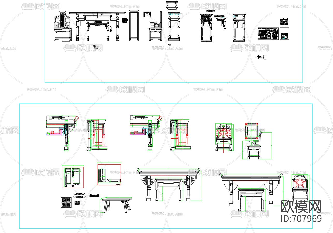 中式端景台桌椅cad图库下载（渲染图2）