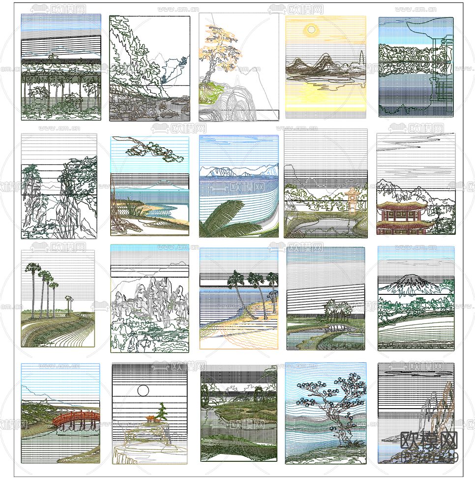 彩色山水画CAD图库下载