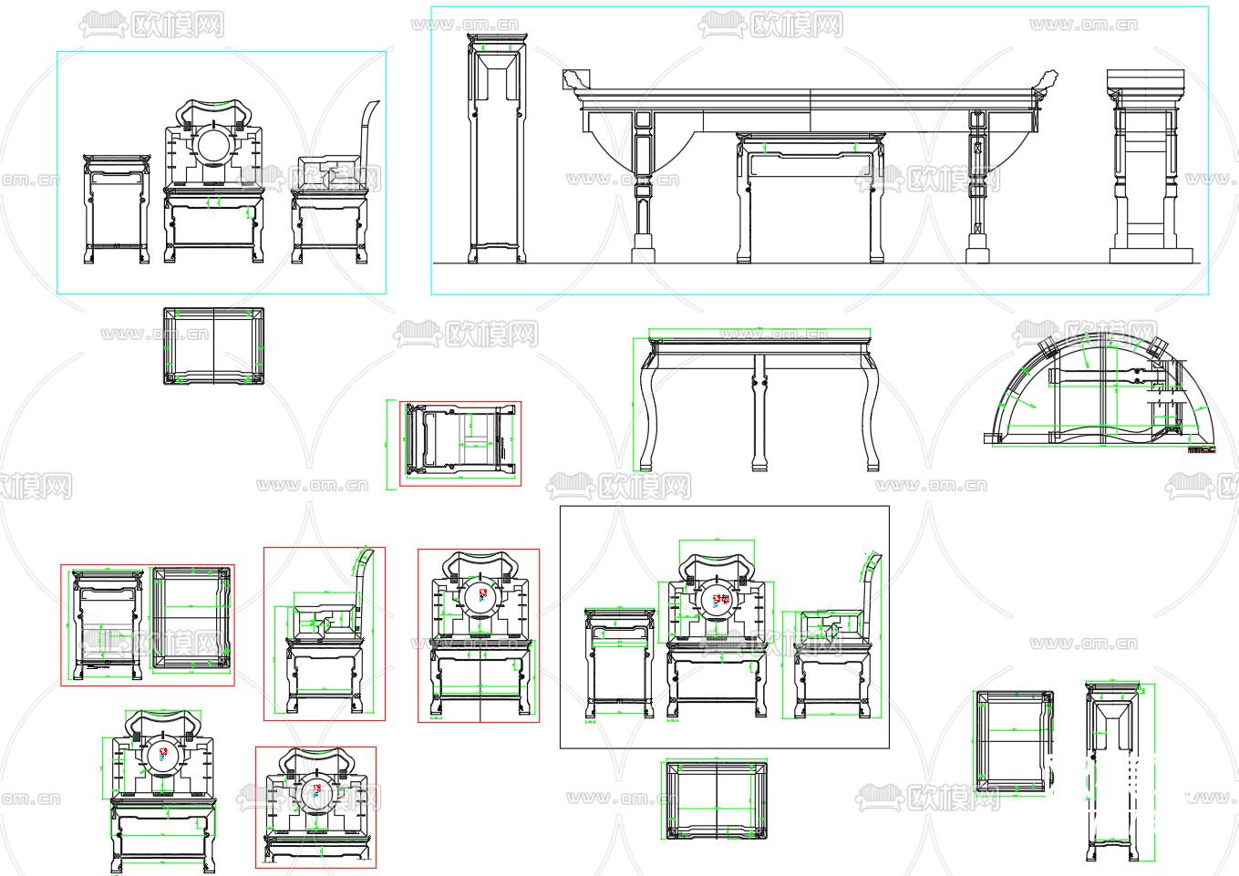 中式端景台桌椅cad图库下载（渲染图3）