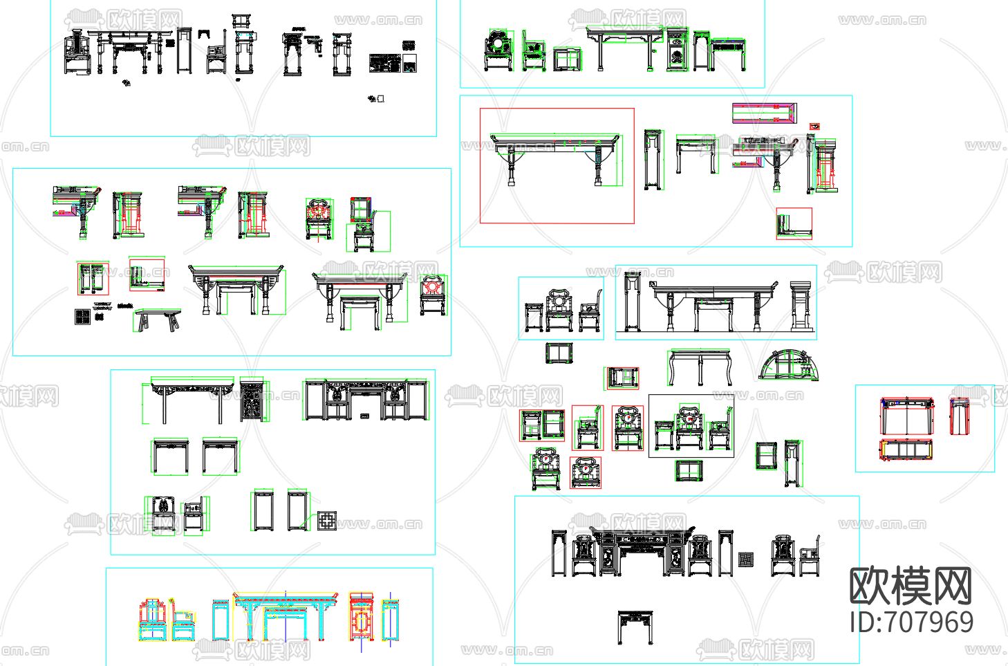 中式端景台桌椅cad图库下载（渲染图1）