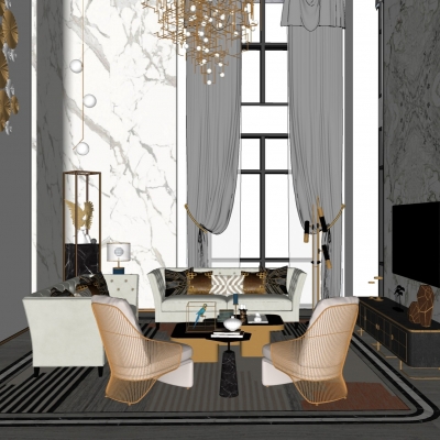  新中式别墅大堂su模型 