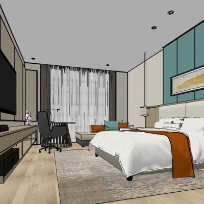  新中式酒店客房大床房su模型 