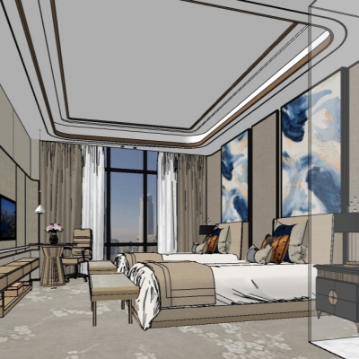  新中式酒店客房双人房su模型 