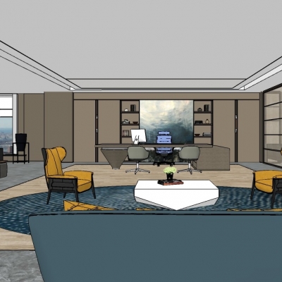  新中式总经理办公室su模型 