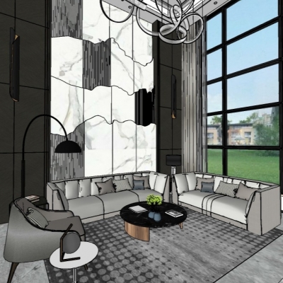  现代别墅大堂su模型 