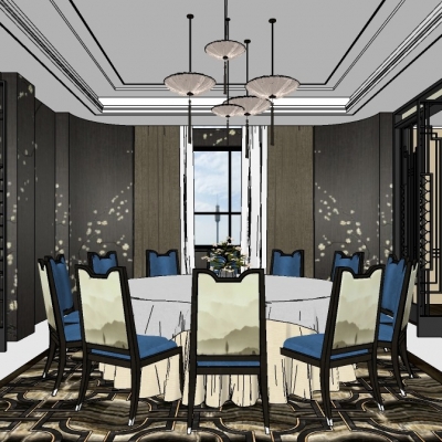  新中式餐厅包厢su模型 