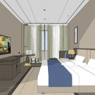  新中式酒店双人房su模型 
