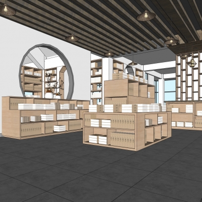  新中式书吧图书馆su模型 