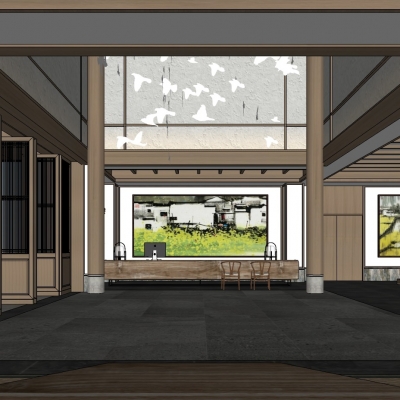  新中式民宿酒店大堂su模型 