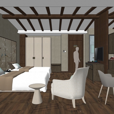  新中式酒店客房双人房su模型 