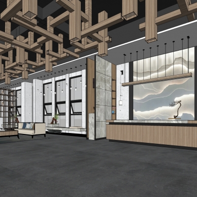  新中式SPA养生会所前台su模型 