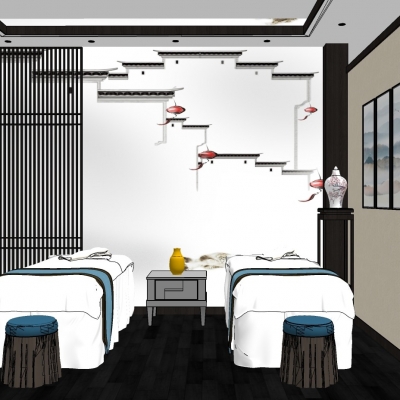  新中式SPA养生会所包房su模型 