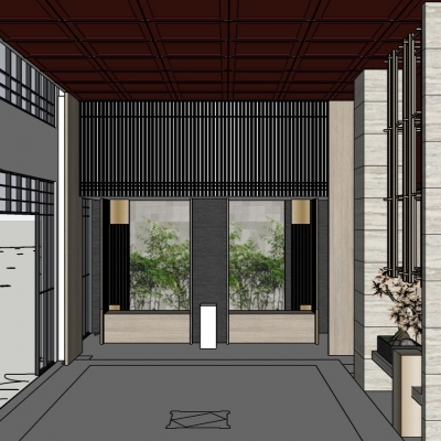  新中式酒店大堂su模型 